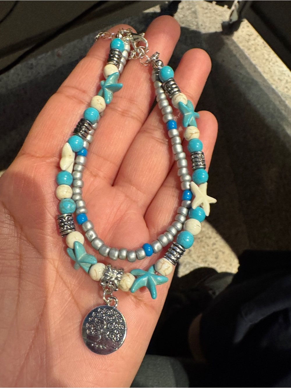 Handmade Turquoise tone Starfish Double Strand Bracelet with Silver Charm